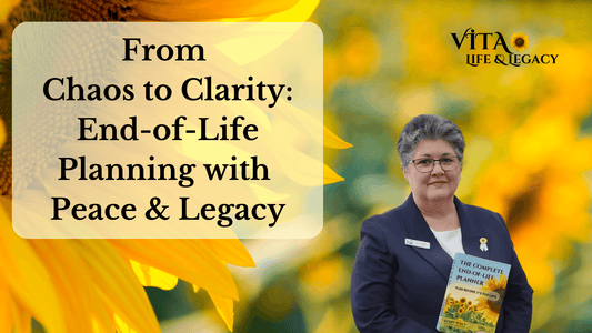 Kerry Tully, author, holding her book, The Complete End-of-Life Planner, with message; From Chaos to Clarity: End-of-Life PLanning with Peace & Legacy