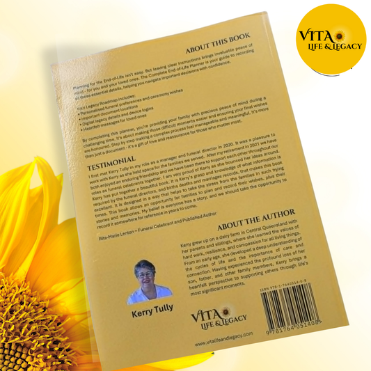 Back cover of a book with text and a photo of the author, featuring the Vita Life & Legacy logo, on a yellow background with a sunflower.