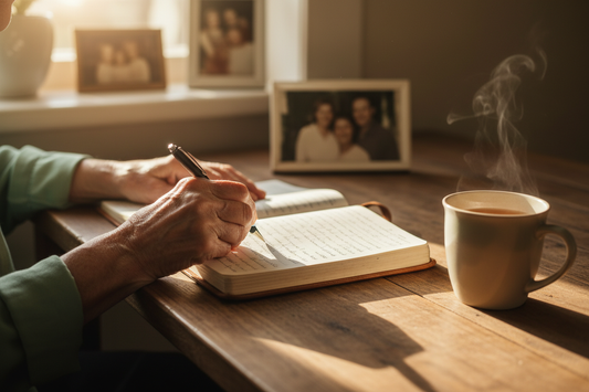 Hands writing in a journal on a desk with a cup of tea