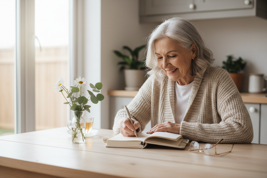 Woman siting at a table writing her life story